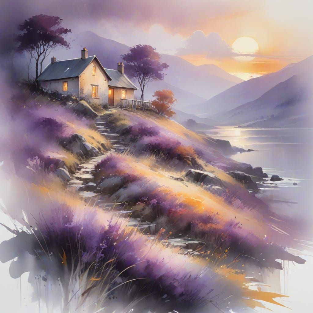 Violet and Amber Scottish Highlands in Neo-Impressionist Sty...