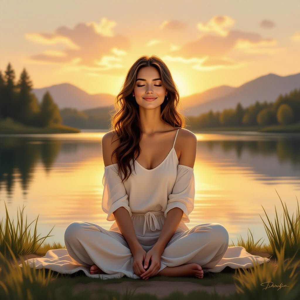 Serene Woman by Lake at Sunset Oil Painting