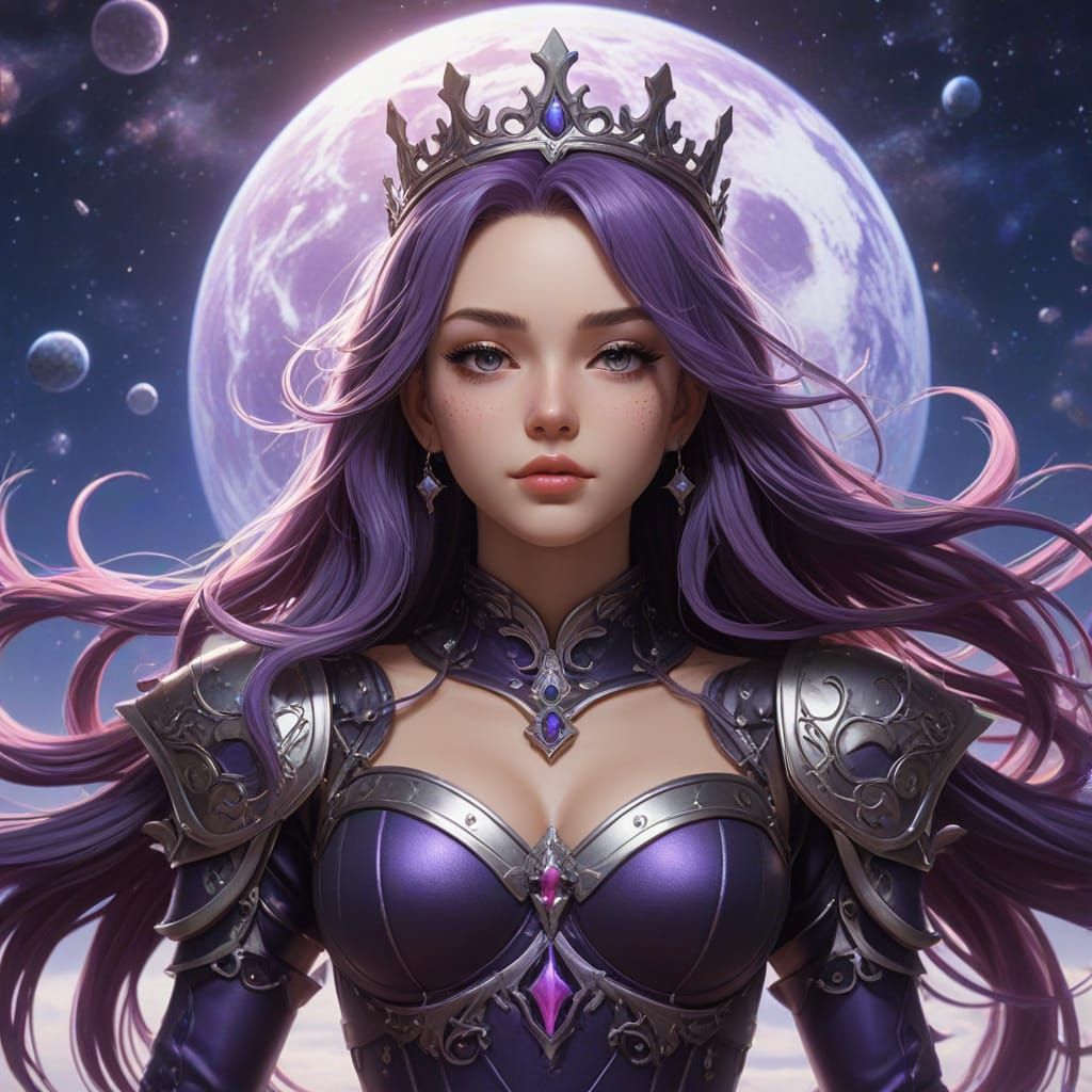 Anime Queen on Floating Island in Cosmic Landscape