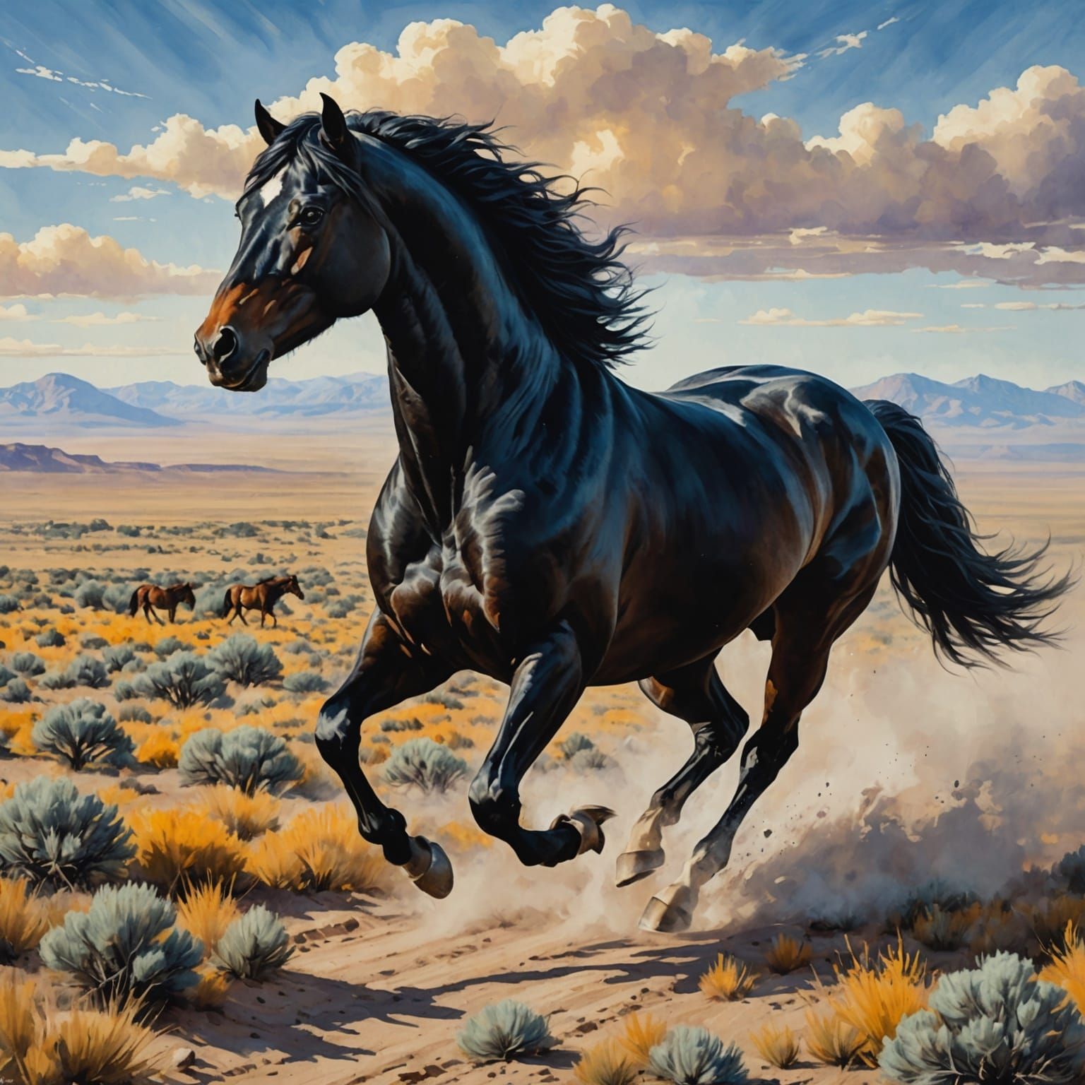 Black Stallion Mustang Running Free: Epic Gouache Painting