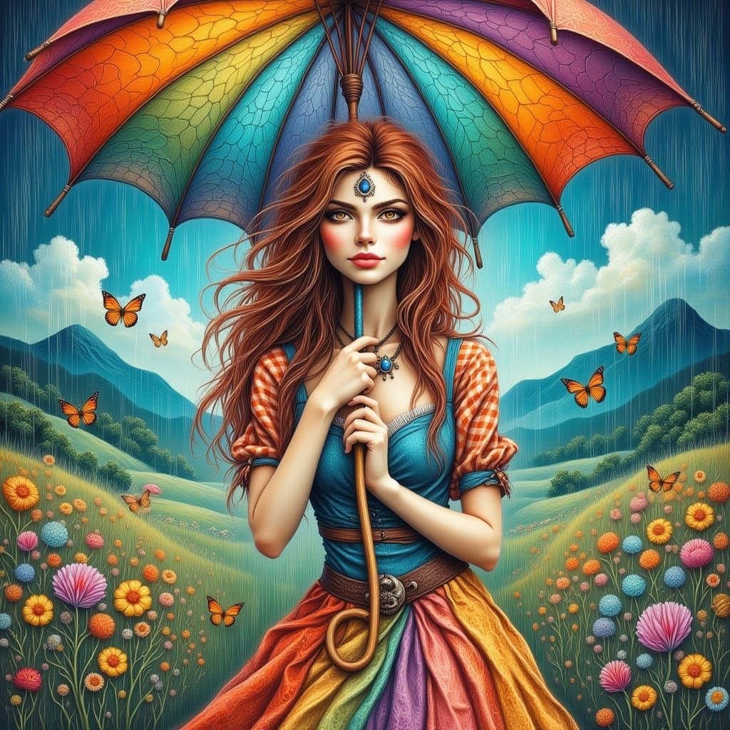 Gothic Young Woman in a Rainy Field of Flowers and Trees