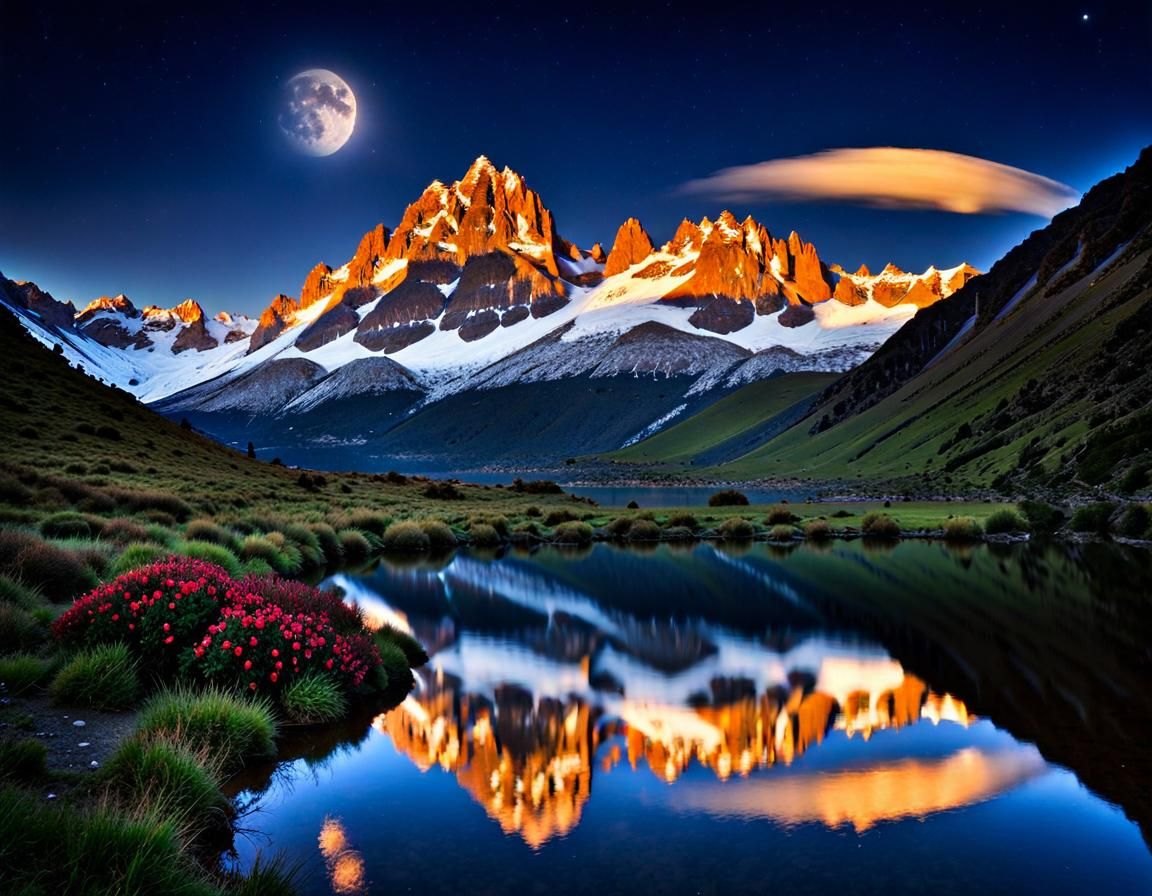 Snowy Mountains Reflecting Starry Night Sky