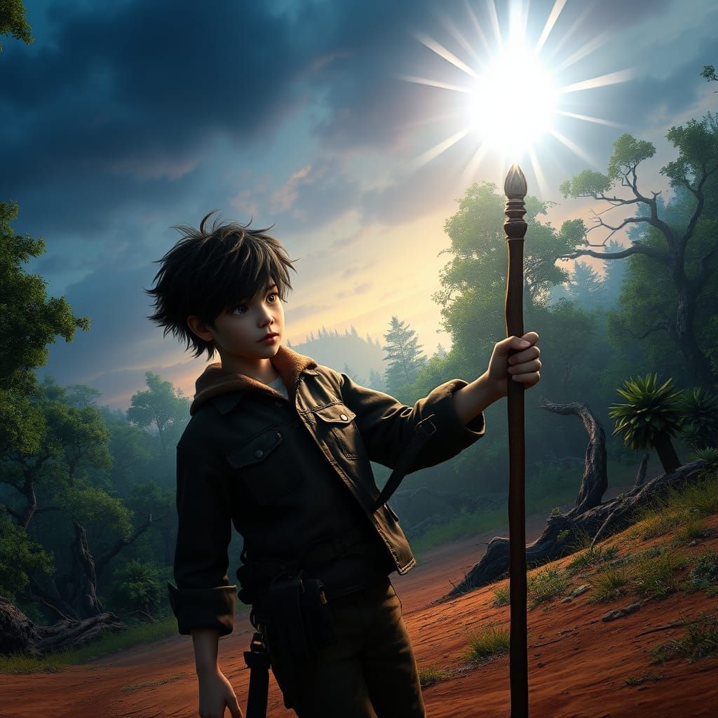 Boy Illuminates Forest with Magical Staff, Digital Art