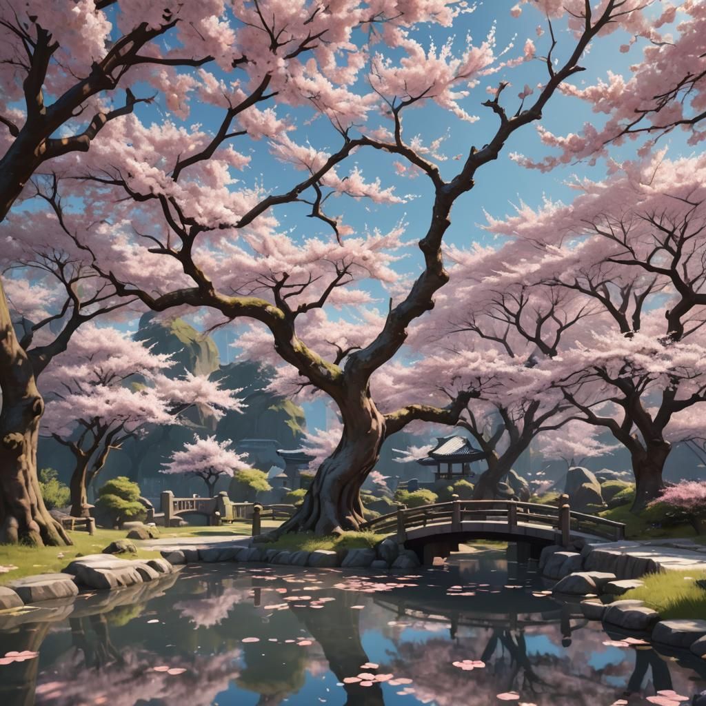 Anime Cherry Blossoms by Koi Pond in 8K