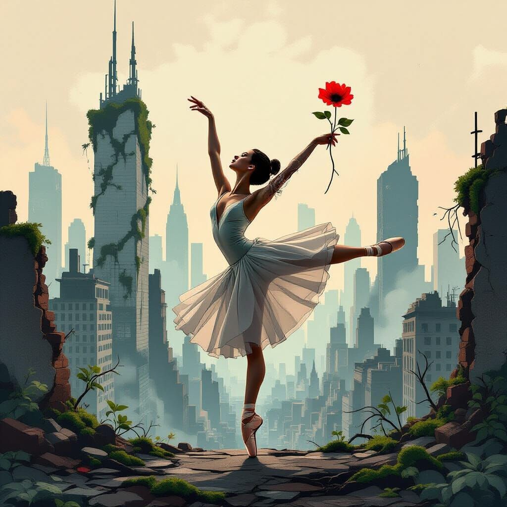 Ballet Dancer in Post-Apocalyptic Art Nouveau City