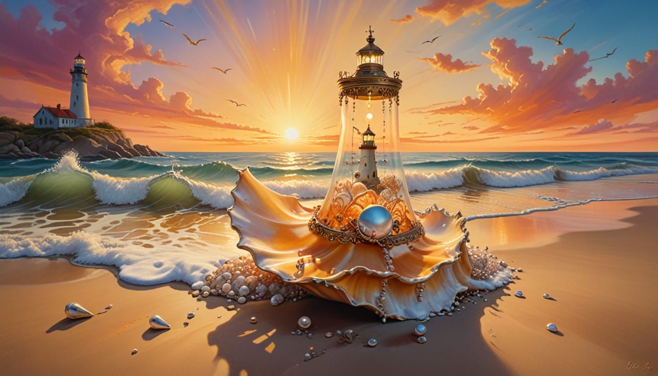 Magical Seashell Lighthouse in Surreal Sunset Beach Scene