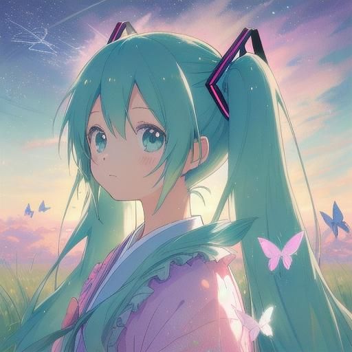 Hatsune Miku with Butterfly Wings in Pastel Anime Art
