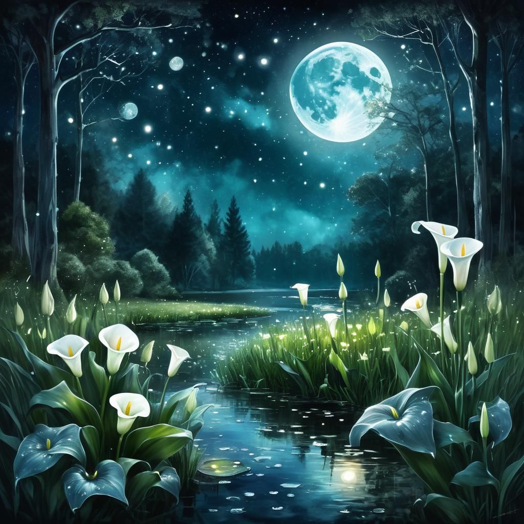 full moon moonlit meadow in a forest glade constellations il...