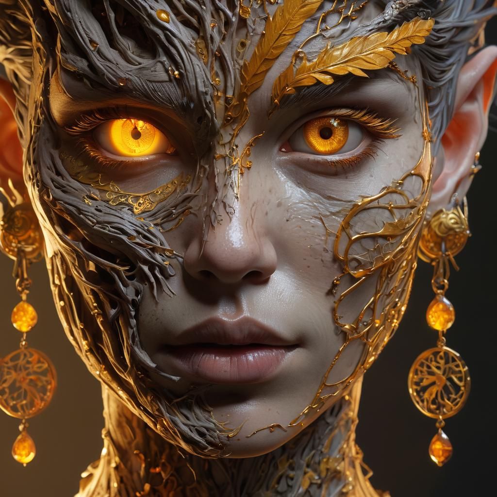 Half-Human, Half-Tree Face with Gold Jewelry
