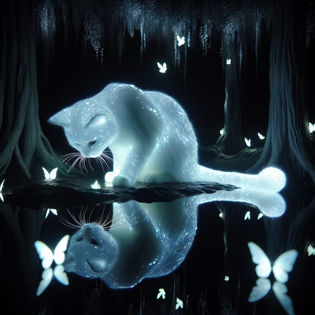 Bioluminescent Cat Spirit in Mystical Forest Scene