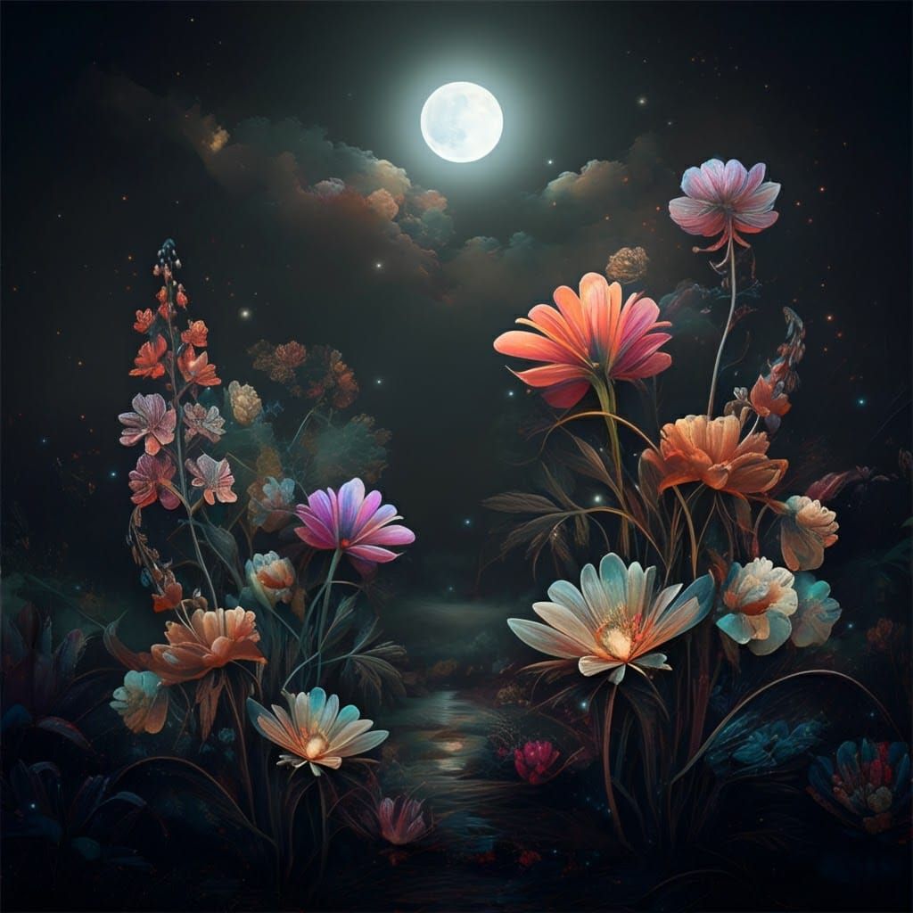 Fantastical Flowers Bloom Under a Radiant Full Moon