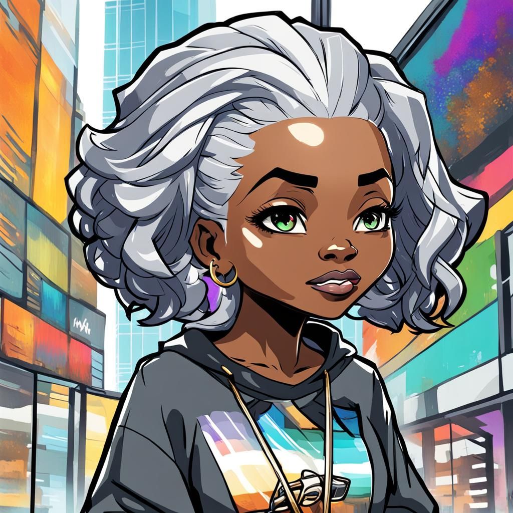 African-American chibi woman with grey hair looking at the cellphone in her right hand. words flowing from her mouth say...