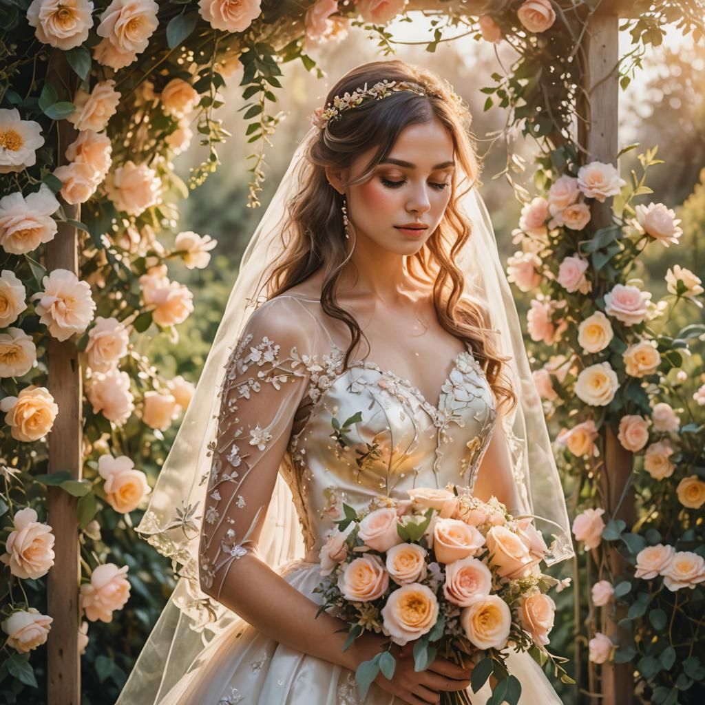 Dreamy Impressionist Bride with Bouquet in Pastel Colors