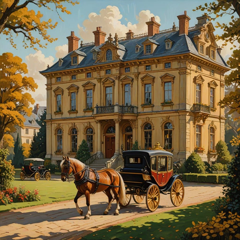 Elegant regency baroque pony and buggy manor house drive sce...