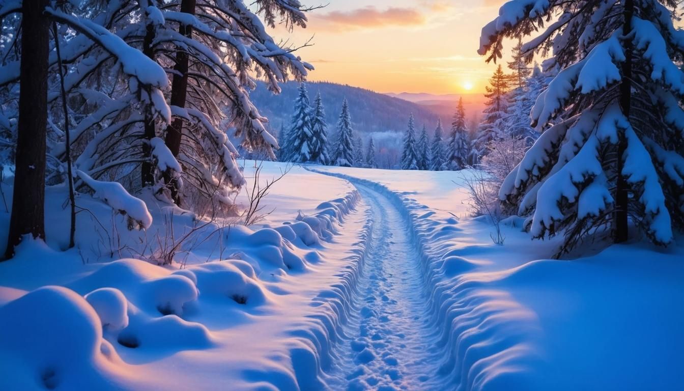 Snowy Winter Forest Path at Sunset
