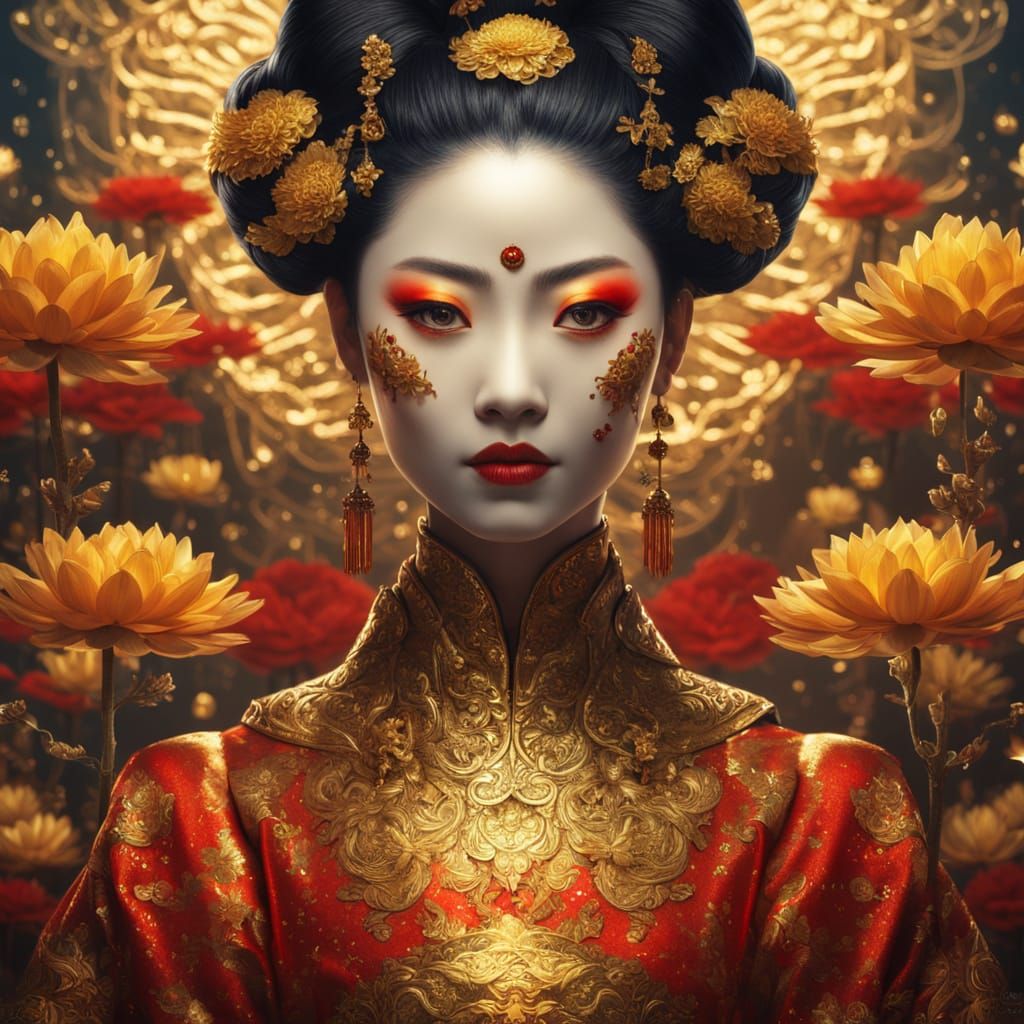 Hyper-Realistic Geisha in Golden Dress with Outer Space Back...