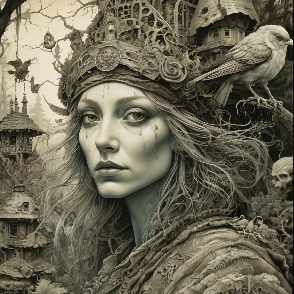 Surreal Baba Yaga in Mystical Forest Art Nouveau