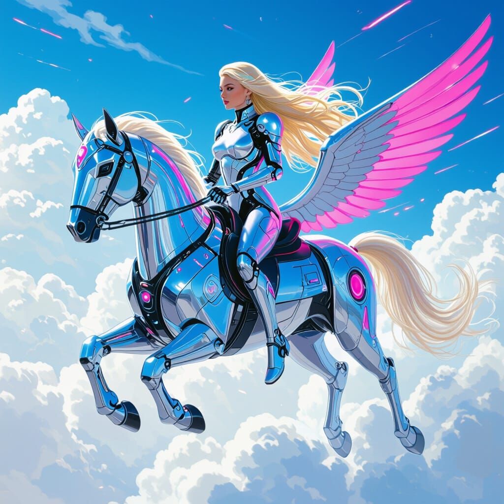 Futuristic Valkyrie on Cybernetic Pegasus in Cyberpunk Style