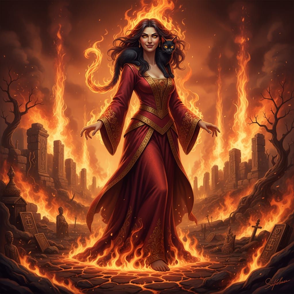 Portuguese Goddess of Fire with Fiery Cat Companion