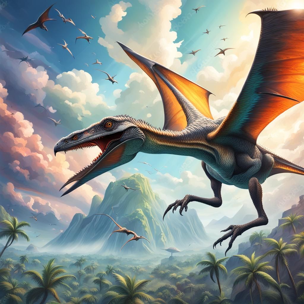 Pterodactyl flying through a prehistoric sky Hyperrealistic, splash art, concept art, mid shot, intricately detailed, co...