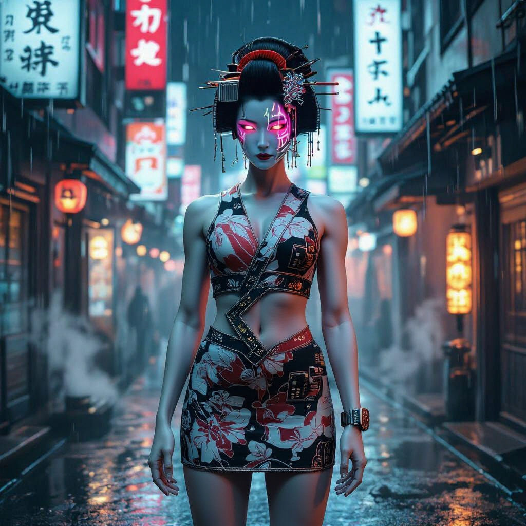 Cyberpunk Geisha in Rain-Slicked Tokyo Alleyway