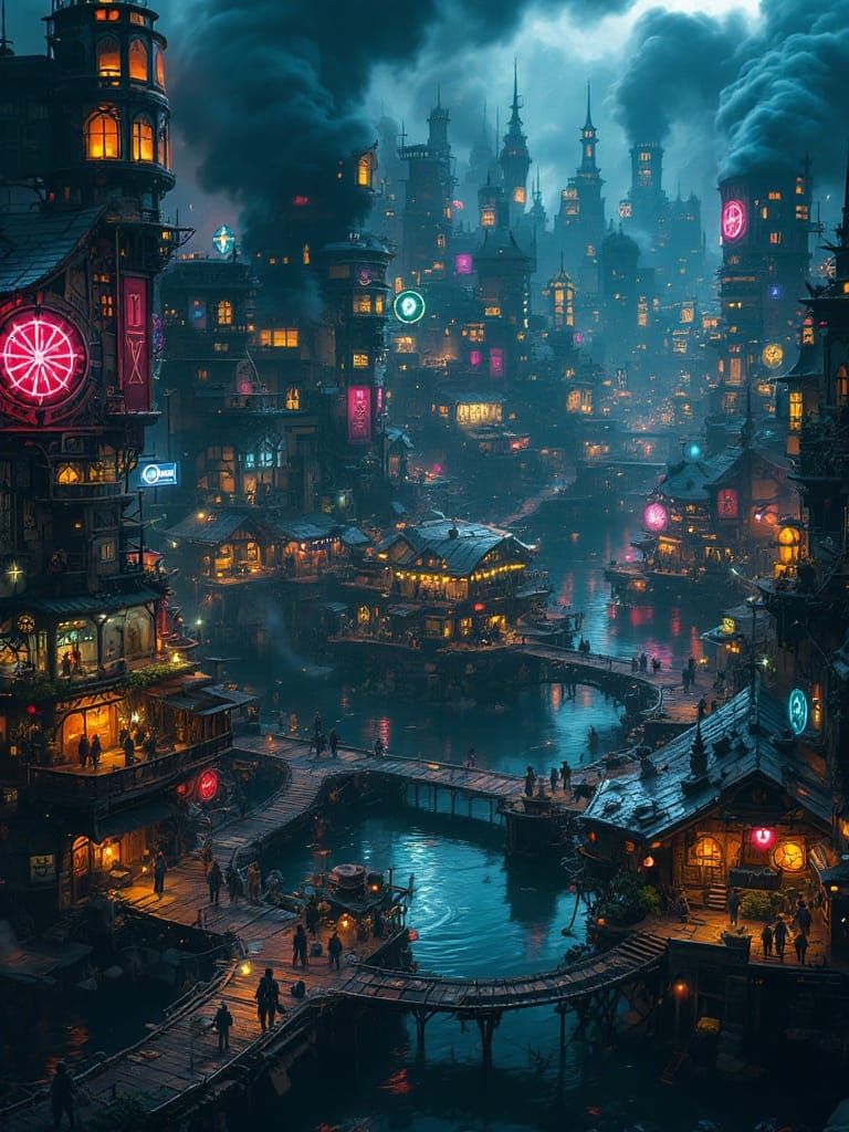 Aetherpunk Water World Slum in Neon Lights