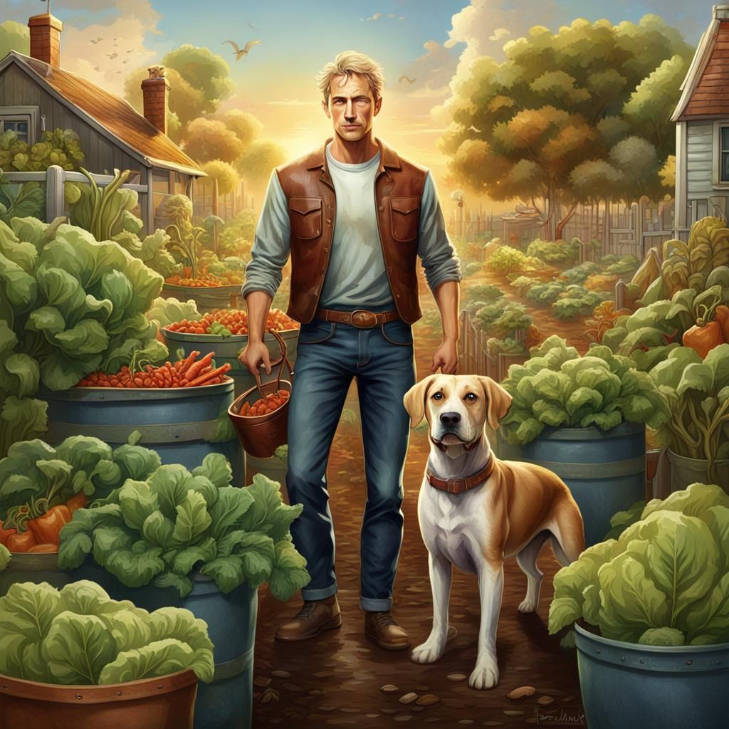 Man and Dog in Vegetable Garden: Fantasy Concept Art