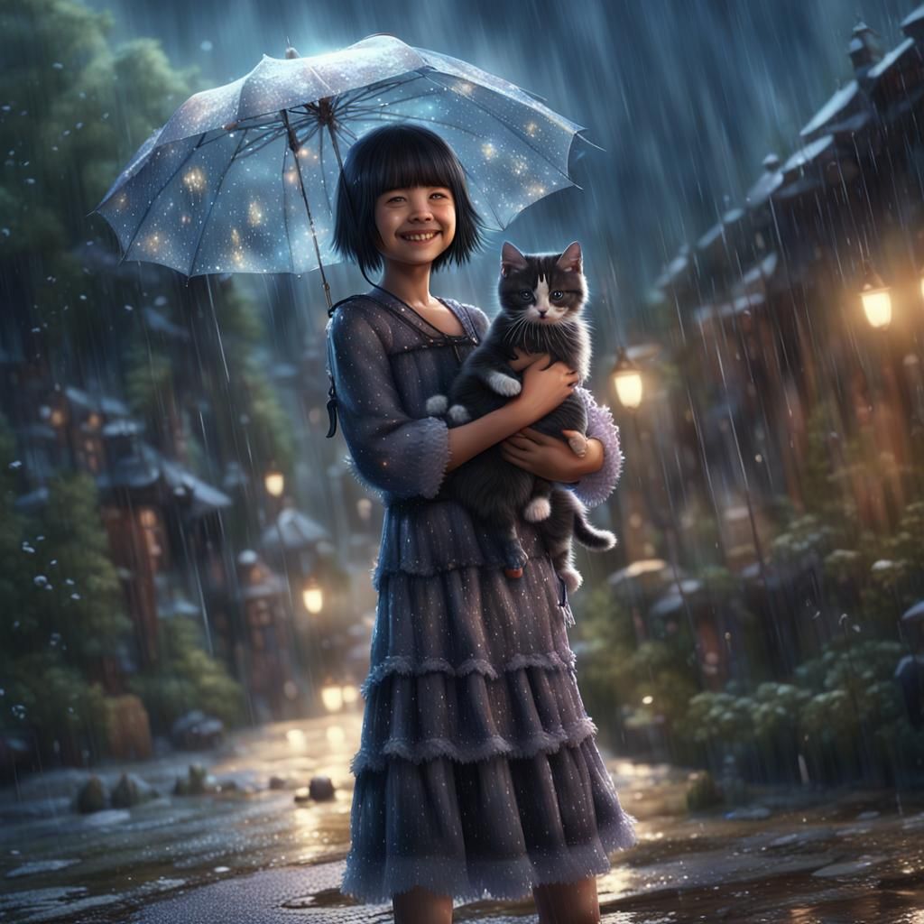 Girl in Rain with Kitten, Fantasy Art
