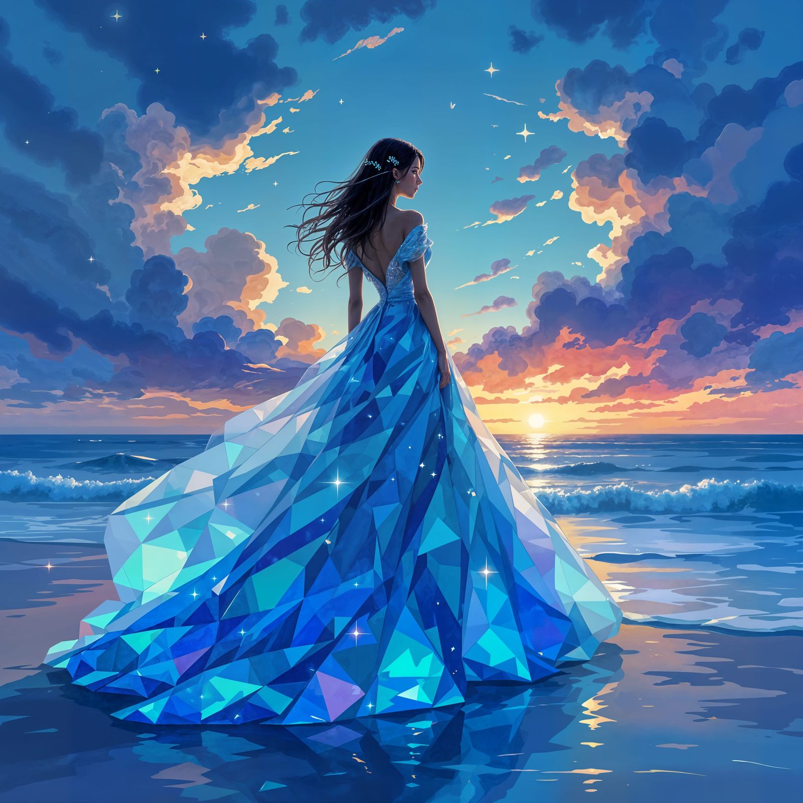Iridescent Sea Glass Gown Under Tempestuous Sky