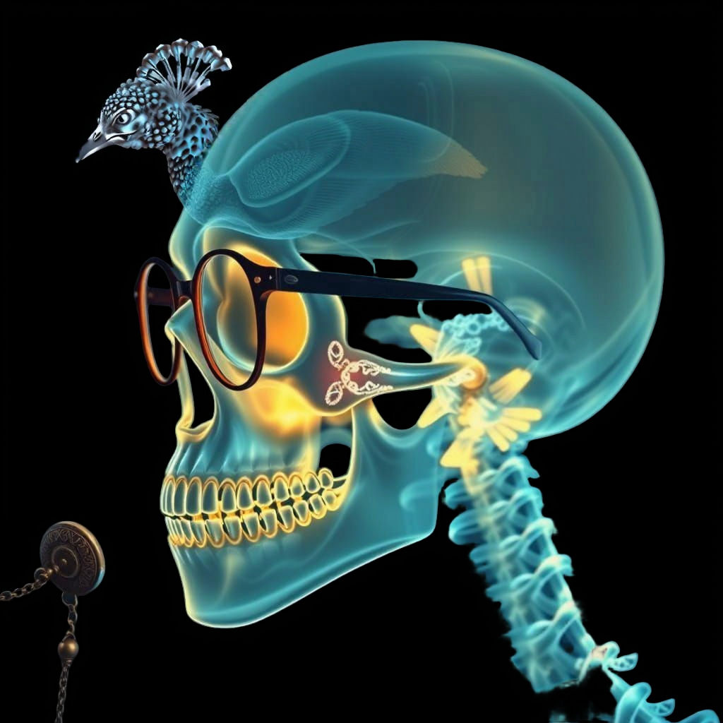 Surreal Peacock Pocket Watch and Skull X-Ray