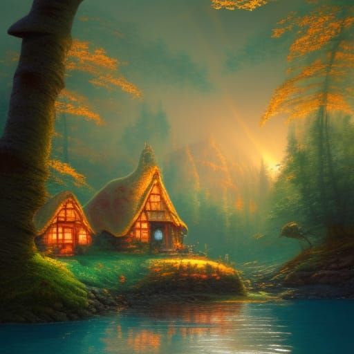 Mushroom Cottage in Golden Forest: Fantasy Art