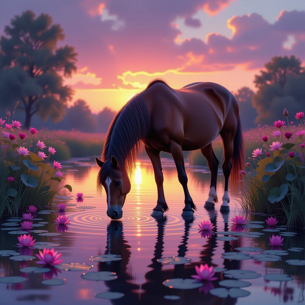 Majestic Horse Drinks from Lily Pad Pond at Sunset