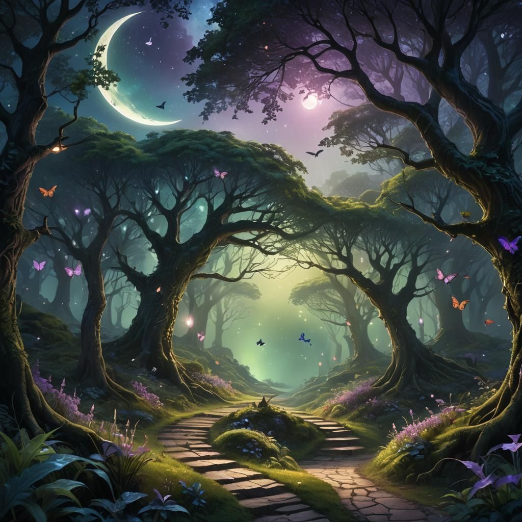 Mystical Forest Path Under Crescent Moon