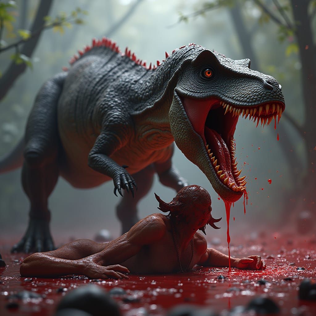 Hybrid Dinosaur Devouring Human in Detailed Digital Painting