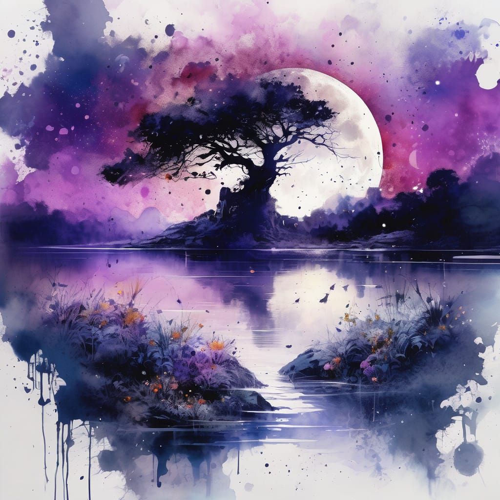 Surreal Ink Splatter Landscape in Vibrant Watercolor