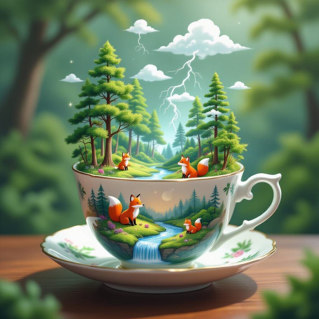 Miniature Forest Inside Tea Cup: Anime Style Digital Art