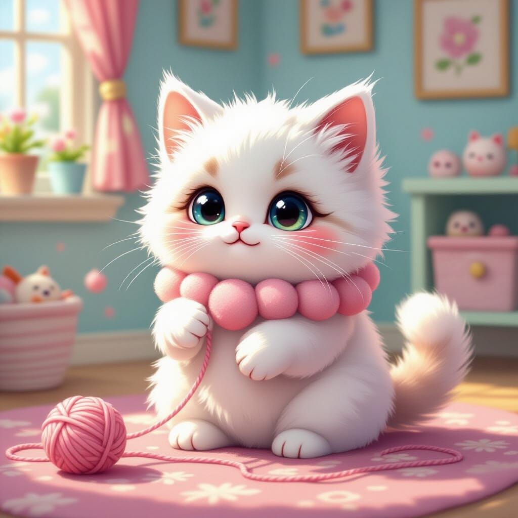Pom Pom Cat Plays with Yarn in Pop Surrealist Style