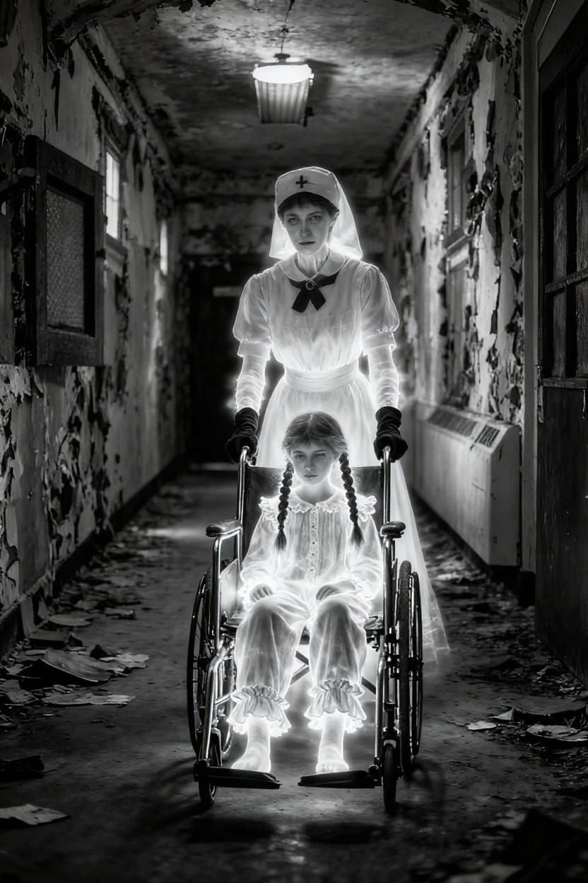 Eerie Asylum Ghosts: Nurse and Girl in Decayed Halls