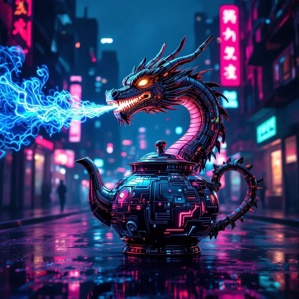 Cyberpunk Dragon Teapot with Neon Circuitry