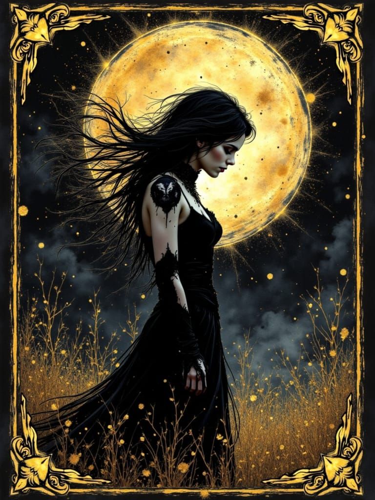 Gothic Woman Tarot Card in Gold and Watercolour Style
