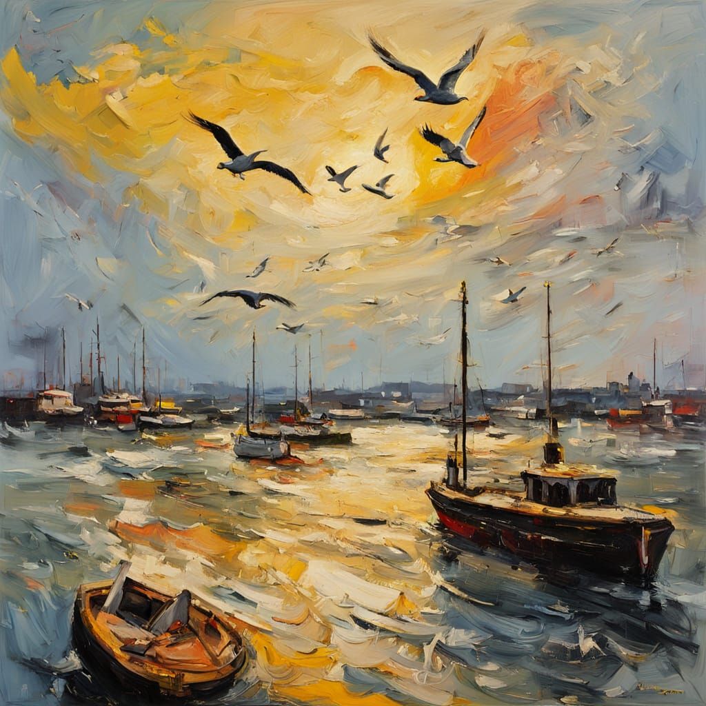 Sunrise Over Harbor as Impasto Oil Painting
