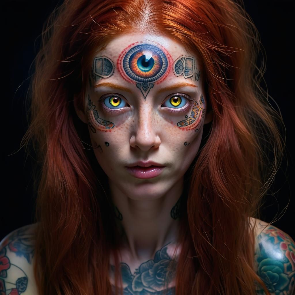 Biopunk Portrait of Red-Haired Woman with Glowing Eyes