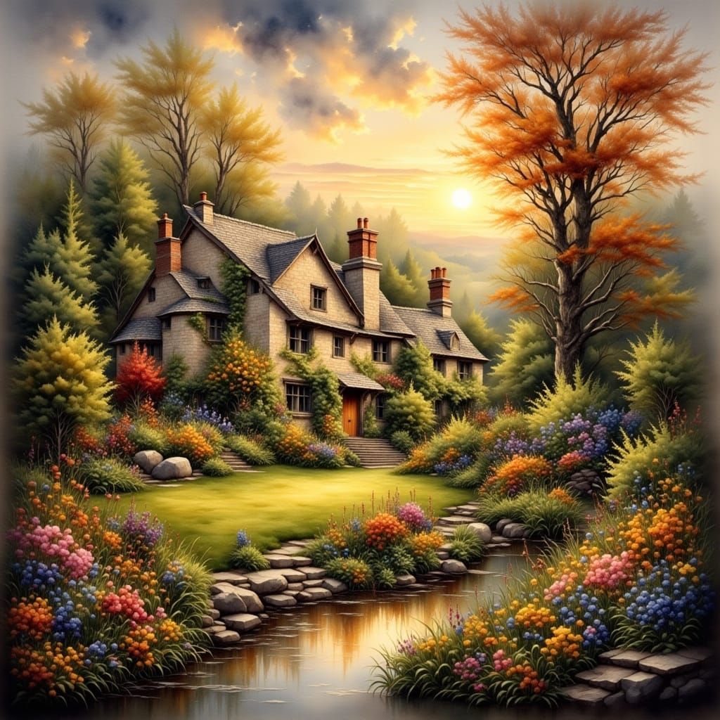 English Cottage with Dreamy Garden in Watercolor