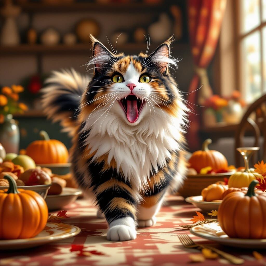 Fluffy Cat Yawning at Thanksgiving Dinner