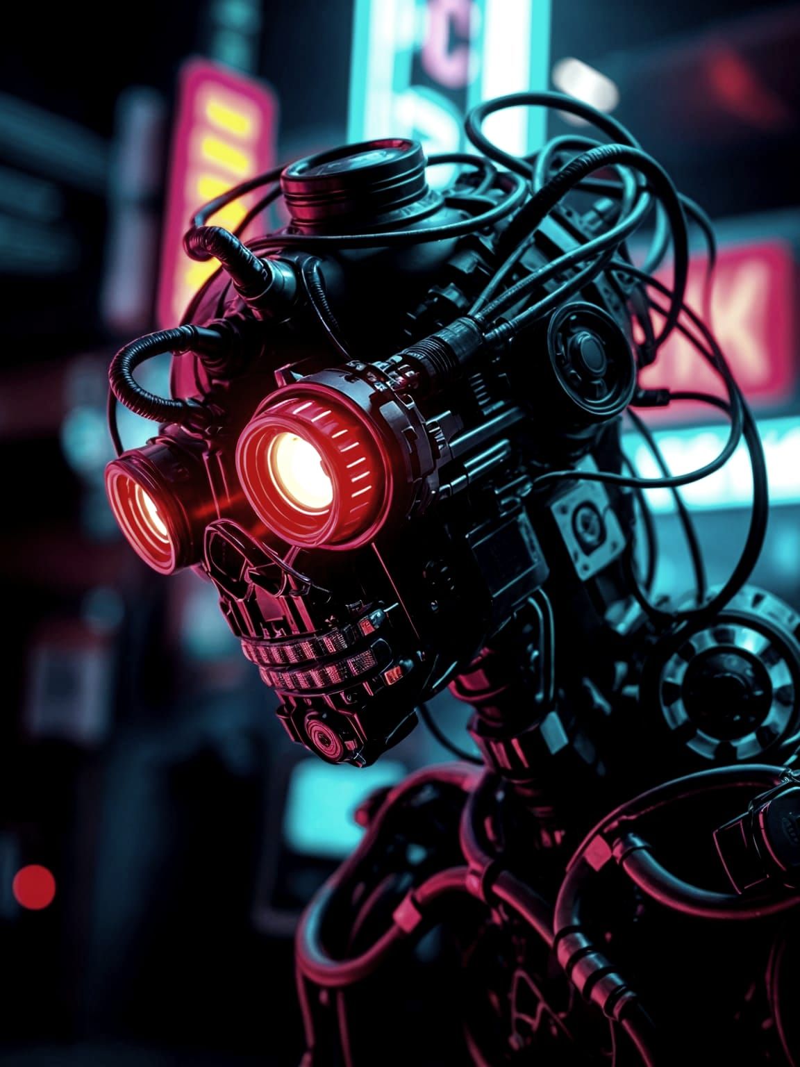 Cybernetic Organism with Glitch Effects in Neon Lights