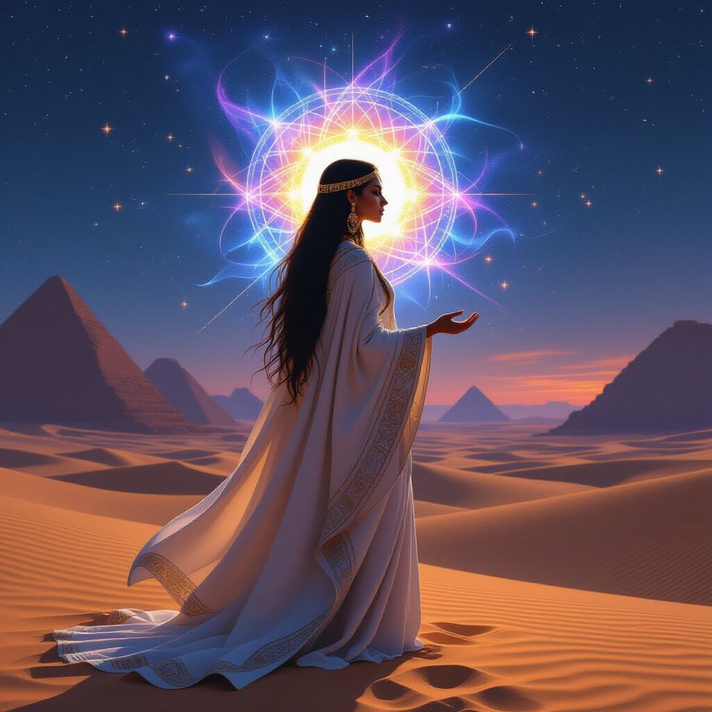 Lemurian Woman Accessing Akashic Records in Egyptian Desert