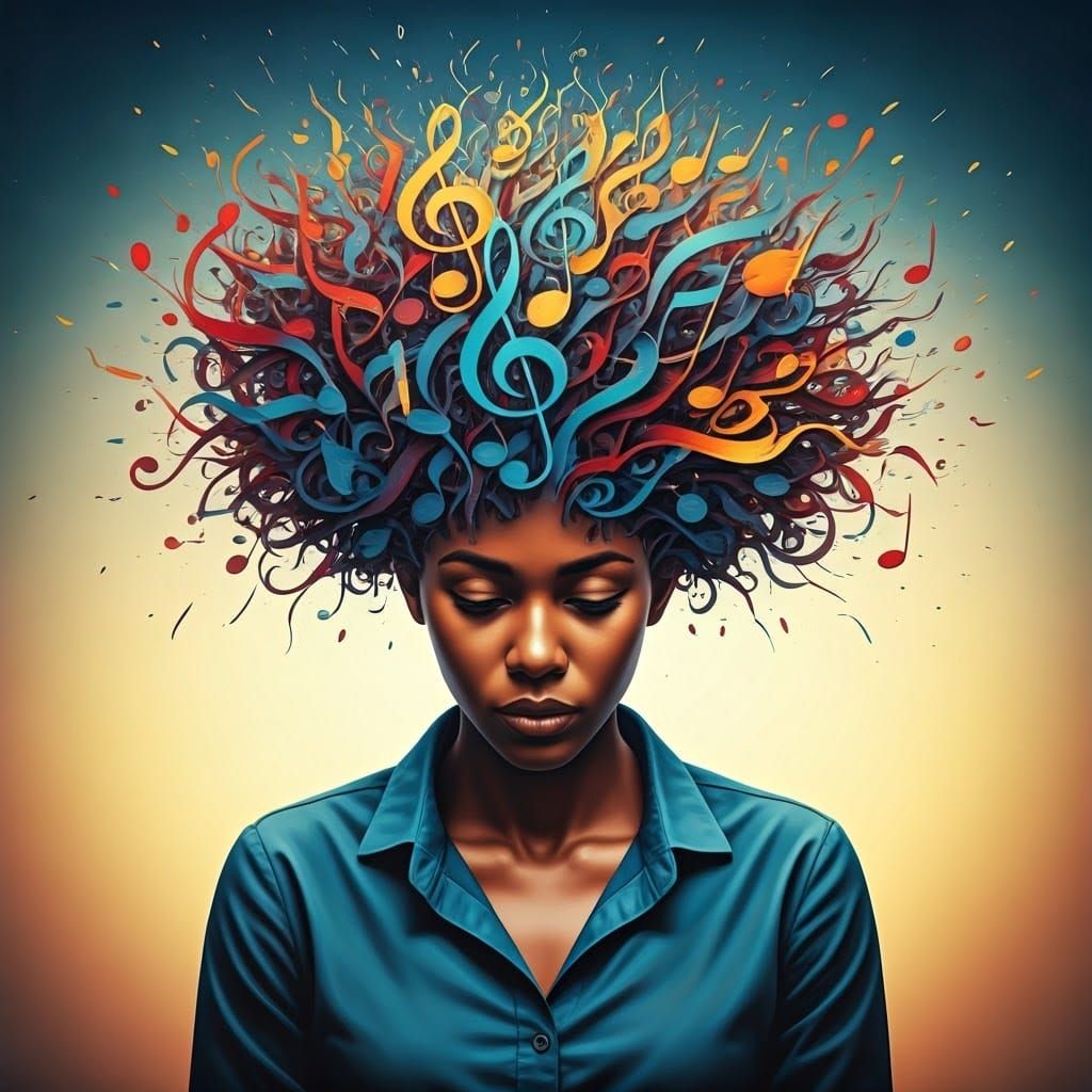 Vibrant Portrait with Swirling Music Notes