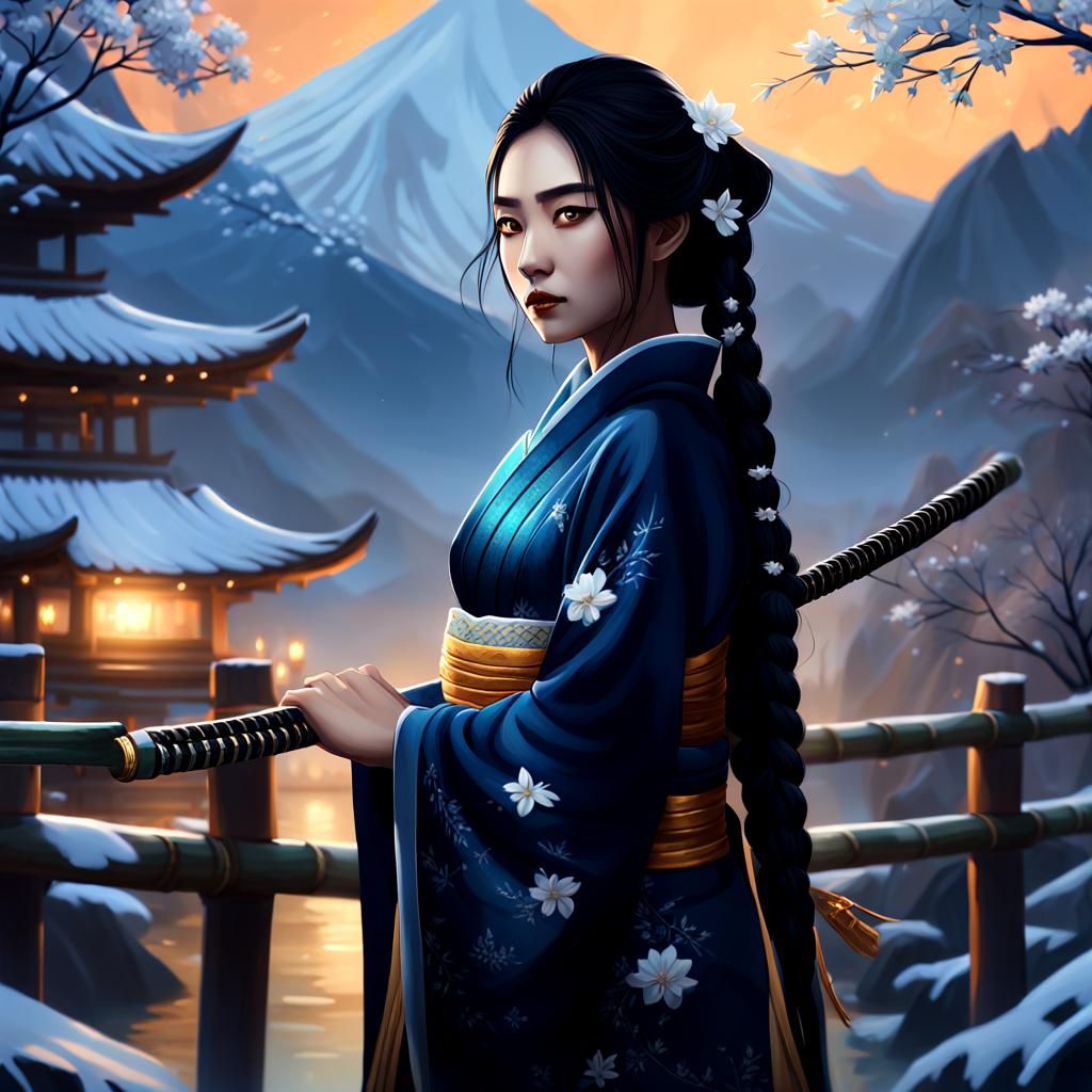 Asian Woman with Katana on Snowy Bamboo Bridge