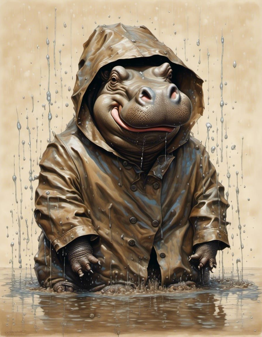 Raincoat Hippopotamus Playing in Mud