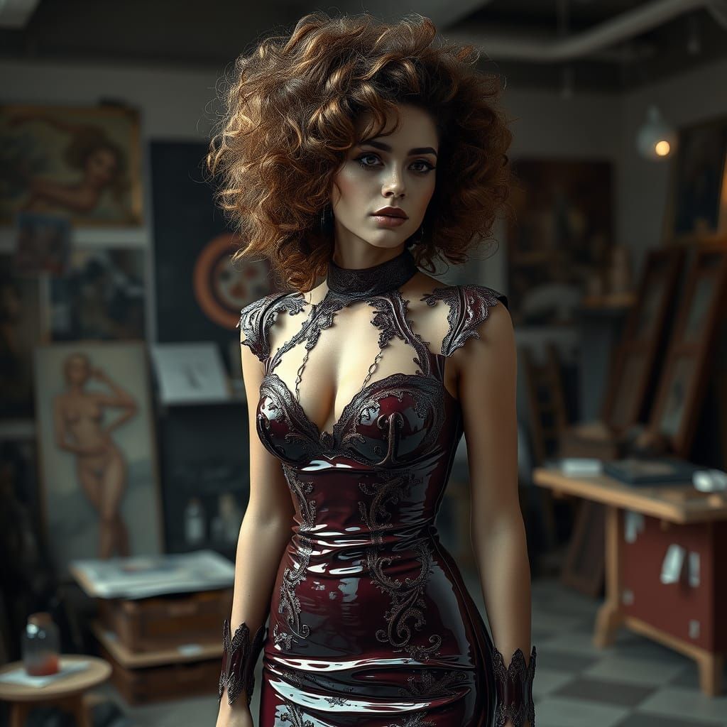 Woman in Burgundy Latex Dress in Art Studio